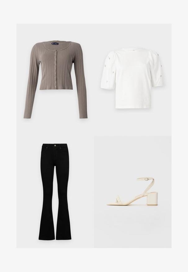 Long-sleeve, cropped cardigan in light brown ribbed fabric. Features a round neckline and button closure with metallic accents.; White cotton t-shirt with short puff sleeves, featuring small silver embellishments along the sleeves. Classic round neckline, relaxed fit.; Black high-waist jeans with a button and zip closure, front pockets, and flared legs laid flat on a white background.; Beige block-heeled sandal made of smooth material, featuring a slender ankle strap and a pearl-accented toe strap. Flat sole.