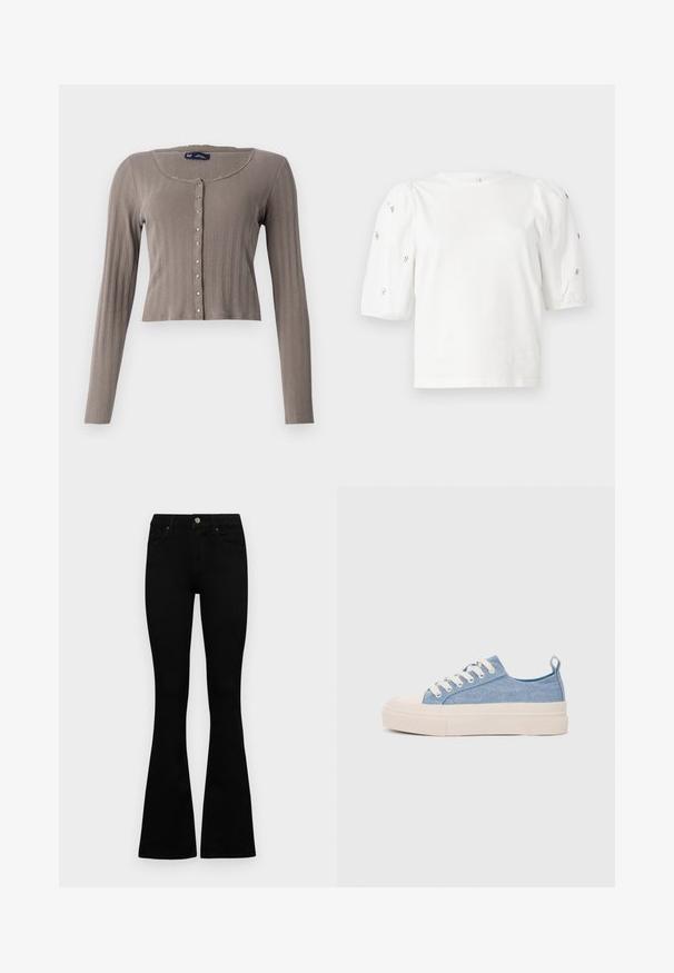 Long-sleeve, cropped cardigan in light brown ribbed fabric. Features a round neckline and button closure with metallic accents.; White cotton t-shirt with short puff sleeves, featuring small silver embellishments along the sleeves. Classic round neckline, relaxed fit.; Black high-waist jeans with a button and zip closure, front pockets, and flared legs laid flat on a white background.; Light blue canvas sneakers with a cream rubber toe cap and outsole, featuring white laces and a pull tab on the heel.