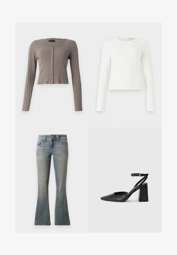 Dlhý rukáv, skrátený kardigán z svetlohnedej rebrovanej látky. Má okrúhly výstrih a zapínanie na gombíky s kovovými akcentmi.; Biela dlhá rukávová rebrovaná blúzka s okrúhlym výstrihom. Hladká textúra, priliehavý strih a žiadne viditeľné vzory alebo akcenty. Jednoduchý a minimalistický štýl.; Svetlomodré zvonové nohavice vyrobené z denimu. Obsahujú dve predné vrecká, zapínanie na gombík a jemné blednutie na tkanine.; Čierne kožené lodičky s špicatou špičkou a členkovým remienkom, s masívnym podpätkom. Hladký povrch, elegantný dizajn a minimalistická estetika.