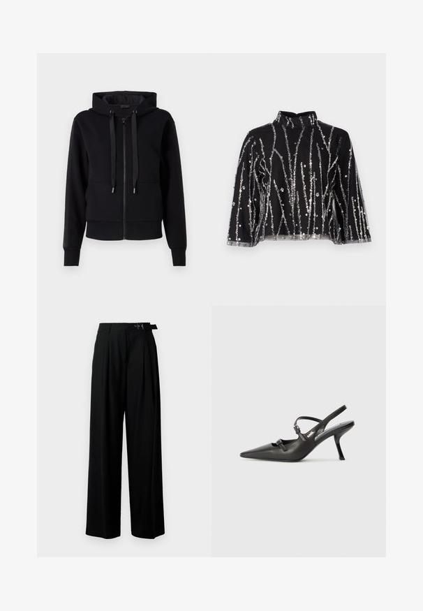 Schwarze Zip-Up-Hoodie aus weichem Stoff, ausgestattet mit einer Kapuze, Kordelzügen und gerippten Bündchen. Glatte Textur mit seitlichen Paneelakzenten.; Schwarzes crop-top mit hohem Kragen, das mit silbernen, glitzernden, vertikalen Linien, durchsichtigen Ärmeln und strukturiertem Stoff versehen ist.; Schwarze weit geschnittene Hosen mit hoher Taille, Falten an der Vorderseite und einem Gürtel mit Schnalle. Hergestellt aus glattem, leichtem Stoff.; Schwarzlederne Slingback-Absätze mit spitzer Zehenform, schlankem Absatz und dekorativem Schnallendetail auf dem Blatt. Glatte Textur und elegantes Design.