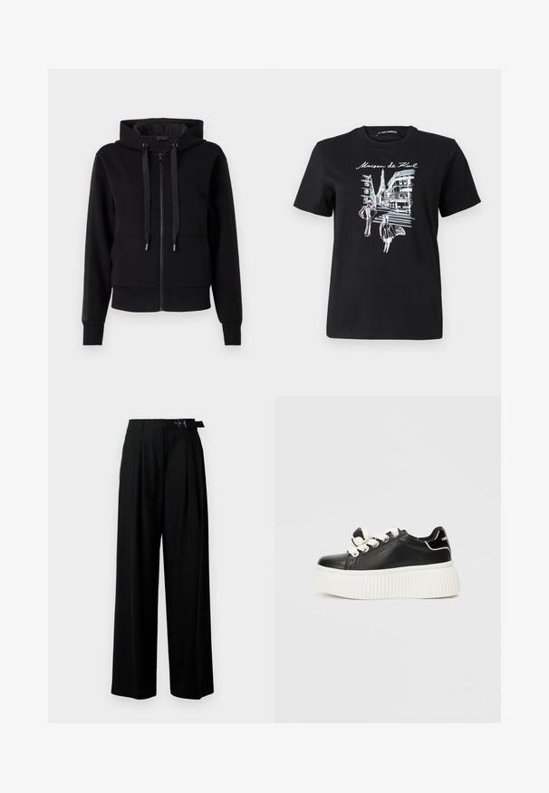 Svart zip-up hoodie i mjukt tyg, med huva, snoddar och ribbad mudd. Slät yta med sid paneldetaljer.; Svart bomullströja med en grafisk design av parisiska gator med ett torn, accentuerad med rosa och vit linjekonst. Rund halsringning.; Svarta byxor med vida ben och hög midja, med veck framtill och ett bälte med spänne. Tillverkade av ett mjukt, lätt tyg.; Svart lädersneaker med en tjock vit ribbad sula, som har vita skosnören och en dekorativ rosett på tungan.