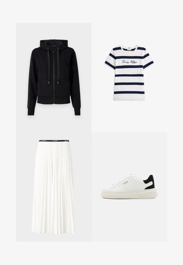 Černá zip-up mikina vyrobená z měkké tkaniny, se stahovací kapucí a žebrovanými manžetami. Hladká textura s postranními panelovými akcenty.; Bavlněné tričko s horizontálními námořnickými pruhy na bílém pozadí. Na hrudi je výšivka "Tommy Hilfiger" v kurzívě. Kulatý výstřih.; Záhybová bílá sukně s černým elastickým pasem s logem "LACOSTE". Suška je střední délky a má jemnou texturu.; Bílé kožené tenisky s tlustou bílou podrážkou, černým semišovým akcentem na patě a vyraženým logem na boku. Šněrovací design se šesti očka.