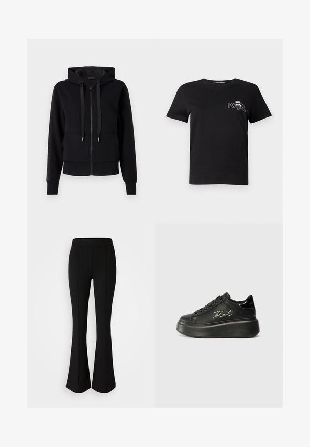 Felpa nera con zip realizzata in tessuto morbido, dotata di cappuccio, coulisse e polsini a coste. Texture liscia con dettagli sulle pannellature laterali.; T-shirt nera a maniche corte in cotone. Presenta una grafica bianca con il testo "KARL" e una figura stilizzata sul petto. Collo rotondo.; Pantaloni neri a zampa d'elefante realizzati in un materiale elastico con una texture liscia, caratterizzati da dettagli delle cuciture lungo la parte anteriore per un tocco di design in più.; Sneaker platform neri con tomaia in pelle liscia, lacci piatti e logo "Karl" ricamato di lato. Punta arrotondata e suola spessa.