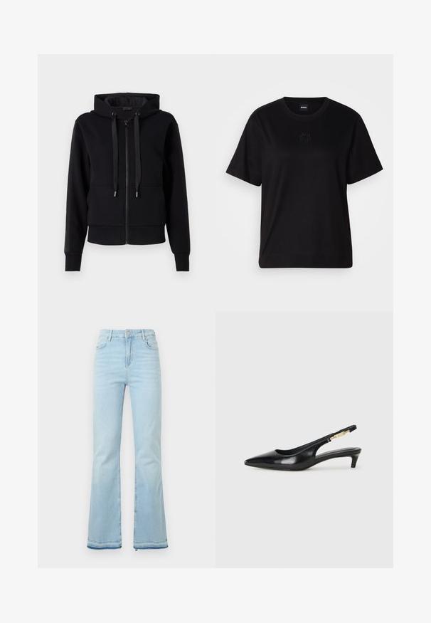 Black zip-up hoodie made of soft fabric, featuring a hood, drawstrings, and ribbed cuffs. Smooth texture with side panel accents.; Black cotton t-shirt with a crew neckline, short sleeves, and an embroidered logo on the chest. Simple, relaxed fit with no patterns.; Light blue flared jeans made of denim, featuring a high waist, front pockets, and a raw hem at the cuffs for a casual look.; Black leather slingback heels with a pointed toe, featuring a slim heel and a gold-tone accent on the adjustable strap. Smooth texture.