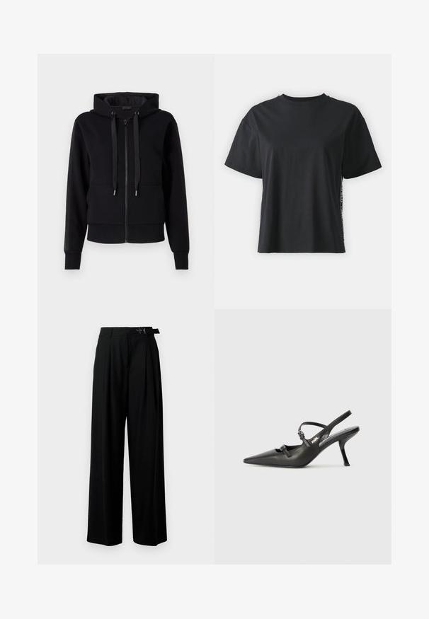 Černá zip-up mikina vyrobená z měkké tkaniny, se stahovací kapucí a žebrovanými manžetami. Hladká textura s postranními panelovými akcenty.; Černé triko s krátkým rukávem, vyrobené z bavlny, s volným střihem a kontrastním bočním panelem, který obsahuje malý text a designové detaily.; Černé široké kalhoty s vysokým pasem, záhyby vpředu a páskem s přezkou. Vyrobené z hladké, lehké tkaniny.; Černé kožené lodičky na boku s špičatou špičkou, štíhlým podpatkem a dekorativní přezkou na nártu. Hladká textura a elegantní design.