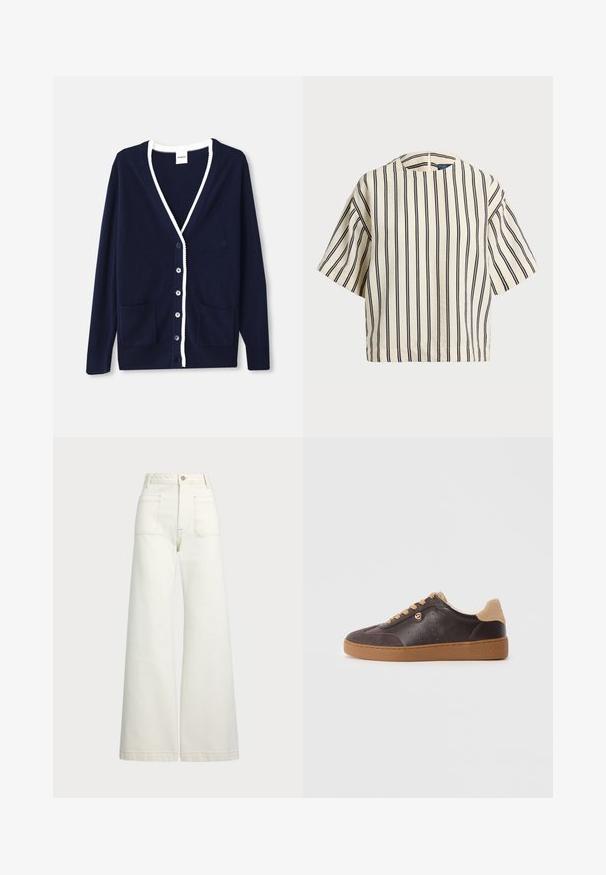 Jūras spēku cardigan, kas izgatavots no mīksta materiāla, ar V-veida kakla izgriezumu, baltām malām, piecām pogām un diviem priekšējiem kabatām. Klasisks dizains ar niansētām akcentēm.; Kreklus, svītrainā blūze ar īsām piedurknēm, krēmkrāsā un tumši zilā tonī, ar apaļu apkakli un kvadrātveida dizainu, izgatavota no teksturētas auduma.; Platās kājas džinsi off-white denima. Augsta jostasvieta ar pogu aizdari, divas priekšējās kabatas un kontrastējošas šuvju detaļas.; Tumši brūns ādas un zamšādas sporta apavi ar brūnām šņorēm un zoli, zelta logotipa akcenti un "Michael Kors" iegravēts uz zoles.