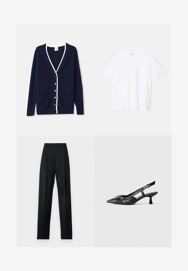 Navy svetr z měkkého materiálu, s výstřihem do V, bílými lemy, pěti knoflíky a dvěma předními kapsami. Klasický design s jemnými akcenty.; Bílý bavlněný tričko s krátkým rukávem, kulatým výstřihem, volným střihem a šitým lemem. Nálepka viditelná na vnitřní straně výstřihu.; Černé kalhoty vyrobené z hladké tkaniny, vybavené vysokým pasem, širokými nohavicemi, předními záhyby a klasickými poutky na opasek. Nejsou viditelné boční kapsy.; Černé kožené slingback boty s špičatou špičkou, dekorativními pásky s kovovými očky a nízkým blokovým podpatkem. Texturovaný povrch.