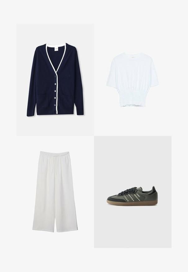 Marinblå cardigan i mjukt material med V-hals, vit kant, fem knappar och två framfickor. Klassisk design med subtila detaljer.; Vit kortärmad t-shirt med avslappnad passform och smockad textur vid midjan. Tillverkad av mjukt, lätt material.; Vita vida byxor i lätt tyg med elastisk midja och dragsko för justerbar passform. Mjuk textur.; adidas Originals SAMBA OG - Sneakers - core black/legend earth/gum