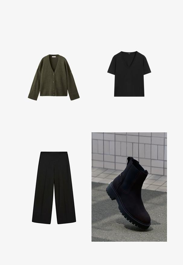 Olivově zelený pletený kardigan s výstřihem do V, pěticípým zapínáním a širokými ribovými manžetami a lemem. Měkká textura a uvolněný střih.; Černé tričko s krátkým rukávem a výstřihem do V s jednoduchým, přiléhavým designem na bílém pozadí.; Černé široké kalhoty vyrobené z jemné tkaniny, s vysokým pasem a skládanými detaily, hladkého povrchu a bez viditelných ozdob.; Hnědé kožené kotníkové boty s černými elastickými bočními panely a silnou, odolnou podešví. Znatelné prošívání kolem okrajů.