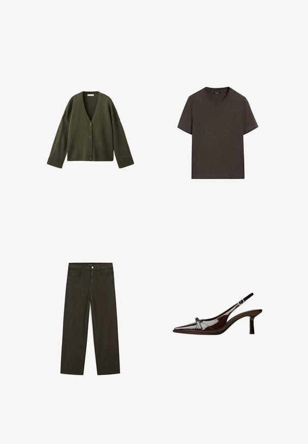 Zielona oliwkowa kardigan z dzianiny z dekoltem w serek, zapinany na pięć guzików, z szerokimi ściągaczami przy mankietach i na dolnej krawędzi. Miękka faktura i luźny krój.; Czarnobrązowa, krótki rękaw, bawełniana koszulka. Posiada okrągły dekolt i luźny krój, bez widocznych wzorów lub akcentów.; Ciemnozielone spodnie dżinsowe typu wide-leg wykonane z mieszanki bawełny, z zamkiem na guzik z przodu, pięcioma kieszeniami i klasycznym przeszyciem dżinsowym.; Brązowe lakierowane sandały z odkrytymi palcami, o spiczastym nosku, niskim obcasie i ozdobnym kokardkowym akcentem z przodu. Gładka, błyszcząca tekstura.