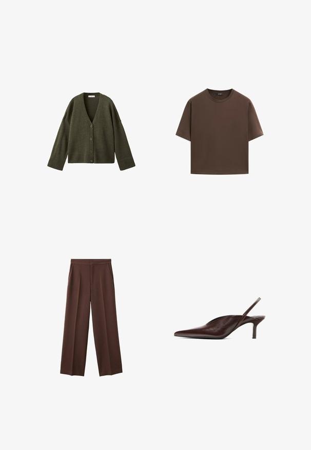 Olivgrüner Strickcardigan mit V-Ausschnitt, fünftigem Knopfverschluss und breiten gerippten Bündchen und Saum. Weiche Textur und lockere Passform.; Braunes Baumwoll-T-Shirt, kurze Ärmel, runder Halsausschnitt, lockere Passform, glatte Textur, minimalistisches Design, keine sichtbaren Muster oder Akzente.; Braune weite Hosen mit glatter Textur, ausgestattet mit zwei Seitentaschen und einem gefalteten Vorderteil für eine entspannte Passform.; Brauner Slingback-Pumps aus Leder mit spitzer Zehenpartie, niedrigem Absatz und strukturierter Oberfläche. Verfügt über einen schlanken Riemen und ein glattes Innenfutter.