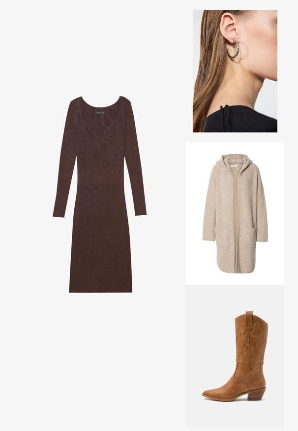 Cardigã longo bege com capuz, de frente aberta e duas grandes bolsos frontais, feito de um suave tecido de malha texturizada.; Vestido castanho de mangas longas com decote em forma de barco e silhueta justa. Apresenta detalhe de costura em forma de V no corpete.; Bota de cowboy em couro cáqui com bico pontiagudo, padrões de bordado em espiral no cano e um salto em bloco empilhado. Inclui uma alça para fácil calçar.; Brinco de argola prateada com acabamento polido, apresentando pequenos detalhes em dourado e uma forma redonda, usado na orelha.