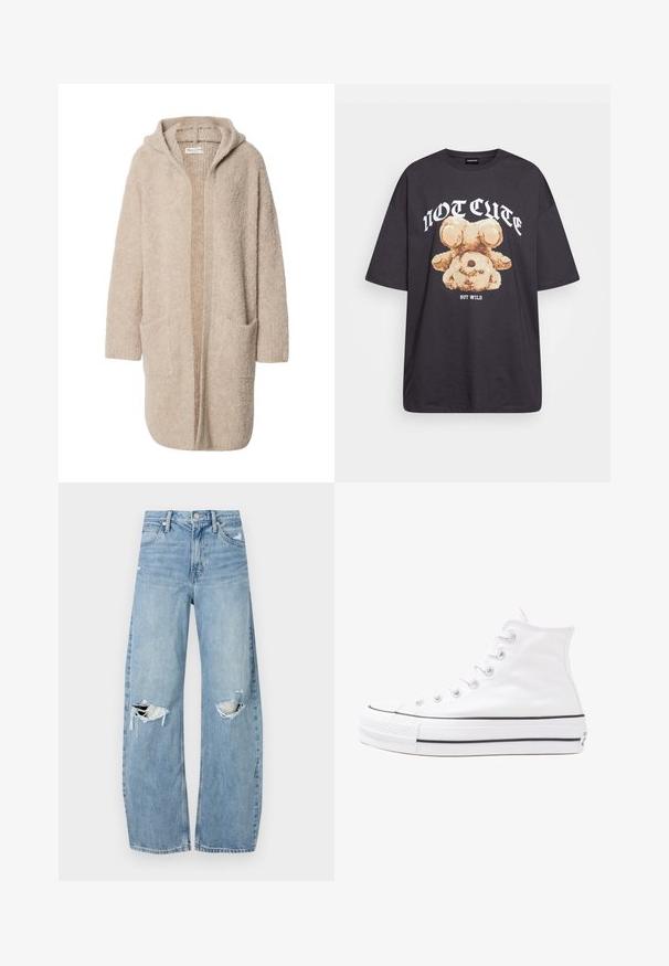 Bēšs garš kapucis kardigans ar atvērtu priekšpusi un divām lielām priekšējām kabatām, izgatavots no mīksta teksturēta adījuma.; Melna, pārmērīga t-kreklu, kurā attēlots lācis ar uzrakstu "NAV MIERĪGS, BET VILKIS" treknos baltos burtiem. Izgatavots no kokvilnas materiāla.; Gaiši zili, augstās vidukļa džinsi, kas izgatavoti no denima. Iespējas plašas kājas, divas plēstas ceļa daļas un klasiskā piecu kabatu dizains.; Balti augstie kanvas sporta apavi ar melnu gumijas zoli, priekšējo gumijas purngalu un sešām acīm lencēm, kuriem ir tīrs, minimālistisks dizains.