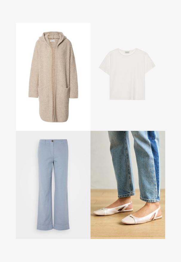 Cardigan lungo beige con cappuccio, apertura frontale e due grandi tasche anteriori, realizzato in morbido tessuto a maglia testurizzato.; T-shirt bianco a maniche corte realizzato in morbido cotone. Presenta un collo rotondo e una vestibilità comoda. Design pulito senza modelli o dettagli visibili.; Pantaloni in lino azzurro chiaro con gamba dritta, chiusura a bottone e orlo risvoltato. Tessuto liscio, progettati per un look casual.; Ballerine slingback rosa pallido con punta affusolata, realizzate in un materiale simile alla pelle liscio. Presentano dettagli a taglio sui lati e un tacco piatto.