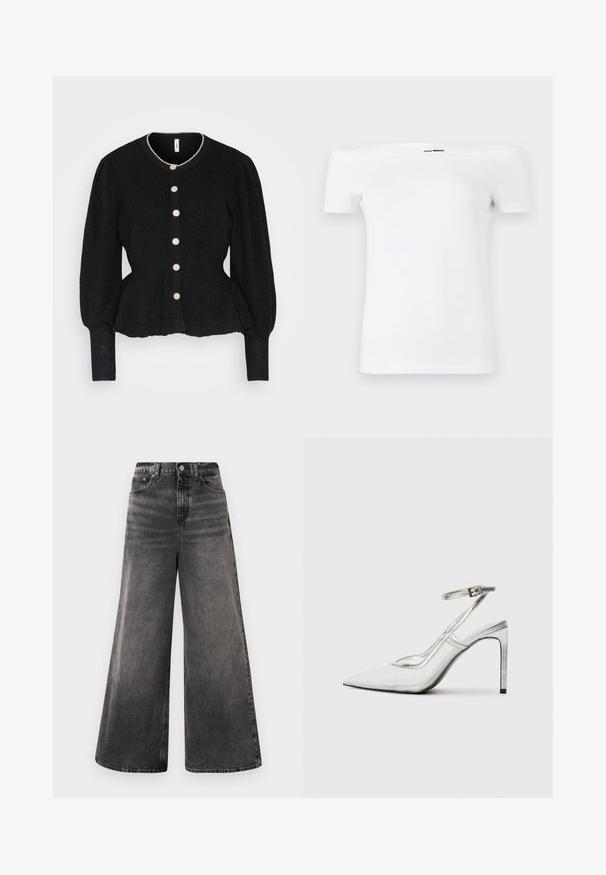 Cardigã preto em malha com um acabamento texturizado, gola redonda e mangas bufantes. Apresenta seis botões grandes e de cor clara na parte da frente.; T-shirt branca off-the-shoulder com mangas curtas, feita de material de algodão suave, com um design ajustado e uma bainha inferior reta.; Calças de ganga pretas de perna larga com um efeito desbotado, design de cinco bolsos e fecho de botão na cintura, apresentando detalhes costurados.; Shoe com salto stiletto claro e bico fino, material transparente, detalhes metálicos prateados e tira ajustável no tornozelo.