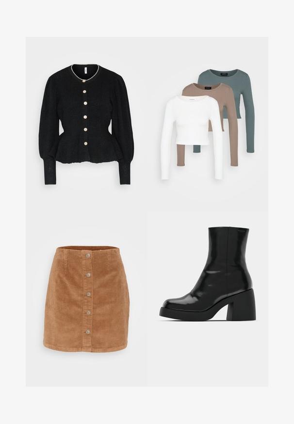 Μαύρο πλεκτό κα cardigan με υφή, στρογγυλή λαιμόκοψη και μανίκια puff. Διαθέτει έξι μεγάλους, ανοιχτόχρωμους κουμπιά κατά μήκος του μπροστινού μέρους.; Τρία μακριά μπλουζάκια cropped με μακριά μανίκια, σε χρώματα λευκό, μπεζ και απαλό τιρκουάζ, με στρογγυλές λαιμόκοψεις σε ανοιχτό γκρί φόντο.; Μίνι φούστα από καουτσούκ σε ανοιχτό καφέ χρώμα με κουμπάκια μπροστά, επτά ασημί κουμπιά και υφή από ριγωτό ύφασμα.; Μαύρες μπότες μέχρι τον αστράγαλο με γυαλιστερό φινίρισμα, τετράγωνη μύτη και χοντρό τακούνι. Ο σχεδιασμός περιλαμβάνει μια χωρίς ραφές σιλουέτα και ελάχιστη επωνυμία.