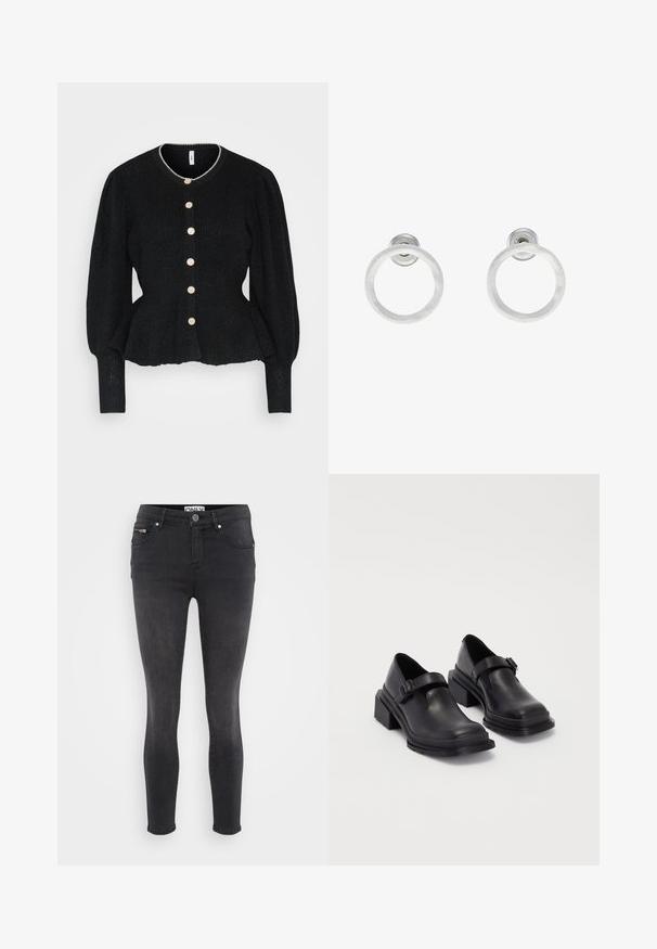 Black knit cardigan with a textured finish, round neck, and puff sleeves. Features six large, light-colored buttons down the front.; Even&Odd Petite 2 PACK - Top - light grey/black; Black skinny jeans made of denim. Features a front button closure and zipped pocket at the waist. Smooth texture with minimal fading.; Black leather shoes with a rounded toe, flat sole, and a strap with a buckle detail. Chunky block heel for added stability.; Silver metal hoop earrings with a brushed texture, featuring a circular design and a clear post back for secure wear.