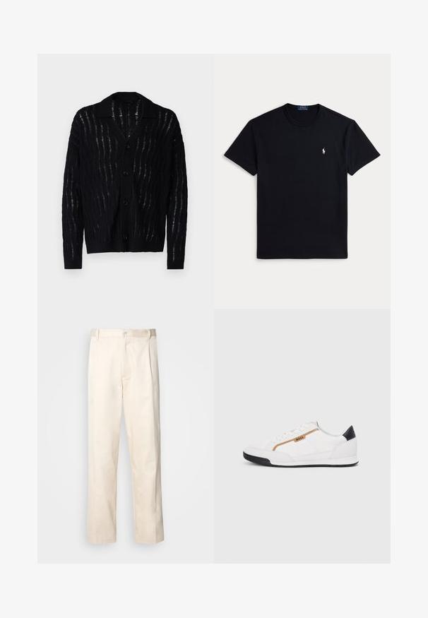 Svart cardigan med en teksturert bølgemønster og V-hals. Har fem knapper foran og ribbbestrikkede mansjetter. Lett materiale.; Svart bomull t-skjorte med rund hals, korte ermer og en liten brodert logo på venstre bryst. Jevn tekstur.; Beige bomullsbukser med rett benfatt, med knappelukking og folder foran for ekstra detaljer.; Hvite sporty sko med mesh- og lærdetaljer. Har en gull "BOSS"-logo, teksturerte sidepaneler og en svart hælbru. Gummisåle.