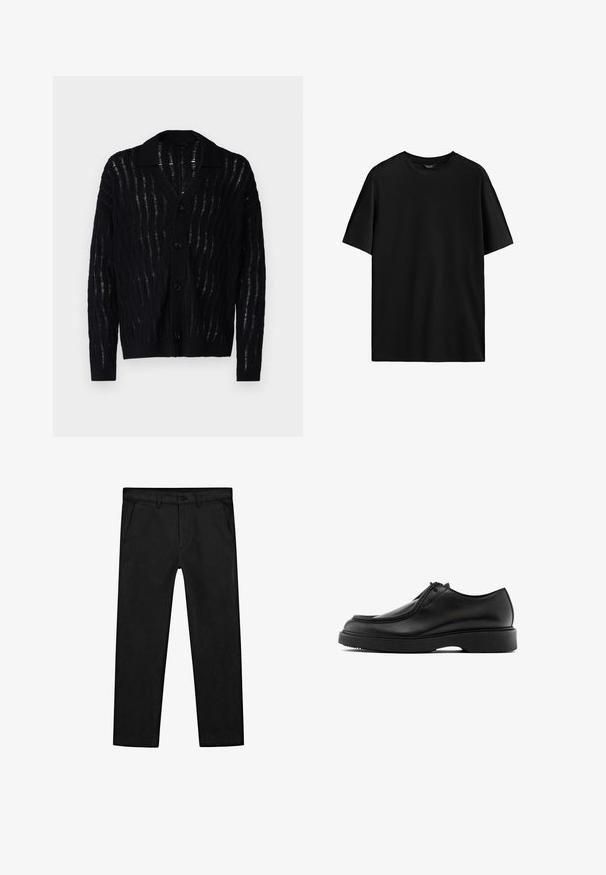 Black cardigan with a textured, wave pattern and a V-neckline. Features five buttons down the front and ribbed cuffs. Lightweight material.; Black short-sleeve t-shirt with a crew neckline, made of soft cotton fabric, featuring a relaxed fit and no visible embellishments.; Black cotton pants featuring a straight-leg design, front pockets, and a classic button closure with a zip fly. Smooth texture, tailored fit.; Black leather shoes with a rounded toe, subtle stitching, lace-up design, and a thick black rubber sole for added durability.
