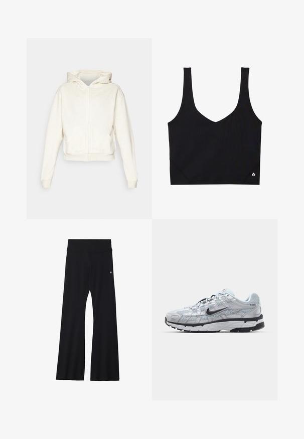 Sudadera con cremallera color crema, con capucha, hombros caídos, bolsillos tipo canguro en el frente y puños y dobladillo de canalé. Tejido suave y texturizado.; Sujetador deportivo negro con tirantes anchos, diseño de escote en V, tela texturizada y detalle del logo en el dobladillo. Acabado suave, estilo minimalista.; Pantalones de yoga negros acampanados en tejido elástico, con una cinturilla ancha y un pequeño logo cerca de la cadera. Textura suave, sin patrones.; Zapatillas Nike P-6000 con parte superior de malla gris claro, acentos negros y suela de goma negra duradera. Presentan un diseño intrincado y un sistema de cordones.