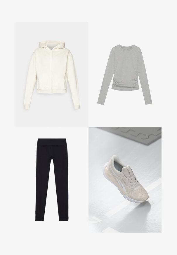 Kremfarget zip-up hettegenser med hette, senkede skuldre, frontlommer i kenguru-stil, og ribbestrikkede mansjetter og hem. Myk, strukturert stoff.; Grå langermet skjorte laget av mykt materiale, med en enkel rund hals og sammenkrøpet detaljer på sidene.; Svarte leggings med bred elastisk linning, laget av elastisk stoff, med en glatt tekstur og tettsittende design. Ingen mønstre.; Lys beige treningssko med perforert overdel, teksturerte detaljer, polstret krage og hvit gummisåle, designet for komfort og pusteegenskaper.