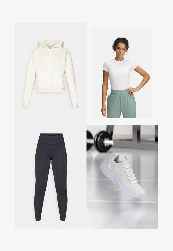 Cream-colored zip-up hoodie with a hood, drop shoulders, front kangaroo pockets, and ribbed cuffs and hem. Soft, textured fabric.; White fitted t-shirt with short sleeves, paired with light green elastic waistband pants. Smooth texture, minimalist design, and no visible patterns.; Black leggings with a high elastic waistband featuring "UNDER ARMOUR" text. Smooth texture with subtle pattern accents along the legs.; White athletic sneaker with a textured mesh upper and lacing system, featuring a cushioned white sole and subtle ribbed accents.