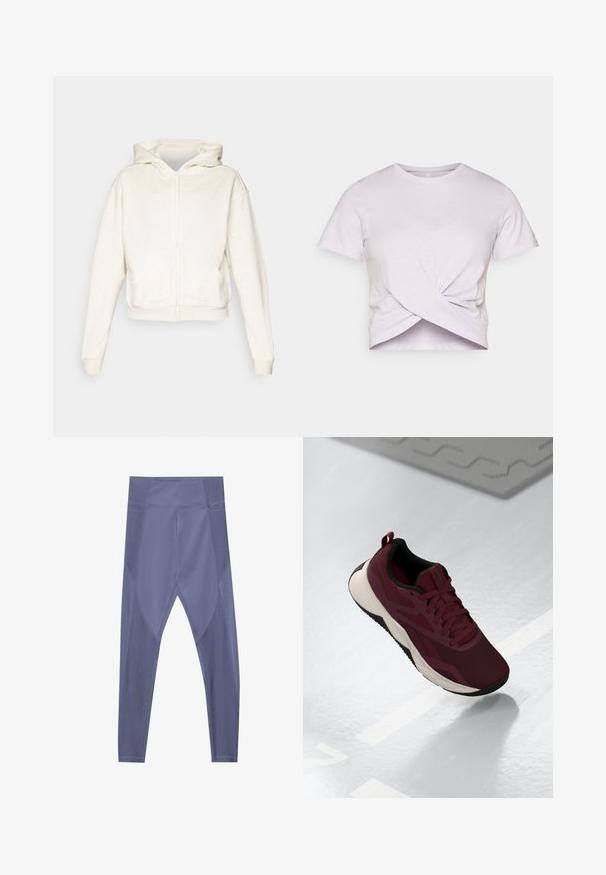 Kremni zip-up pulover s kapuco, spuštenimi rameni, sprednjimi kenguru žepi ter rebrastimi manšeti in robom. Mehka, teksturirana tkanina.; Svetlo sivolila kratka majica s kratkimi rokavi, ki ima spredaj zasukano vozlišče, izdelana iz mehkega, lahkega materiala z okroglim izrezom.; Lila športna leggings z oprijetim krojem, gladko teksturo in mrežnimi paneli ob straneh za zračnost. Visok pas.; Barevni športni čevlji v maroon barvi z mrežastim zgornjim delom, črnimi detajli in oblazinjenim belim podplatom. Imajo vezalni sistem in zanko na peti.