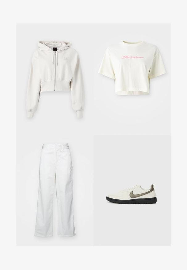 Kratka kapuca v svetlo bež barvi. Mehek material, sprednji zadrga, rebrasti manšeti, izvezen logo na zgornji levi prsni strani.; Skrajšana, krema barve majica iz bombaža. Ima roza vezen logotip z napisom "Nike Sportwear." Ima kratke rokave in okroglo ovratnik.; Bele hlače širokega kroja iz bombaža, z gladko teksturo, pravim fitom, sprednjimi žepi in čistim robom.; Nike Sportswear FIELD GENERAL - Športni copati - off-white/black