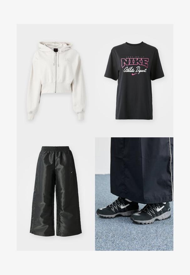 Gekürzter Kapuzenpullover in hellbeige. Weicher Stoff, Reißverschluss vorne, gerippte Bündchen, gesticktes Logo auf der linken oberen Brust.; Schwarzes Baumwoll-T-Shirt mit einem grafischen Druck in Pink und Weiß, mit dem Text "JUST DO IT", "NIKE" und "Athletic Depart." Standardpassform.; Schwarze Sporthose aus glänzendem, glattem Stoff, mit einem elastischen Bund, weitem Bein und einem kleinen Logo auf der linken Seite.; Schwarze Sportschuhe mit einer strukturierten Oberseite, silbernen Akzenten und einer gemusterten Außensohle, kombiniert mit einem schwarzen langen Kleidungsstück. Auf einem blauen Teppich drapiert.