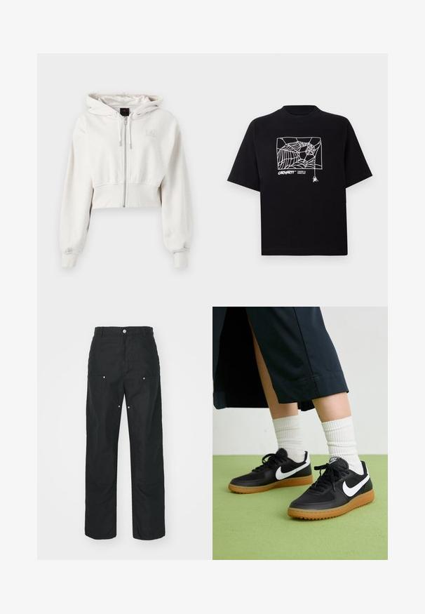 Felpa con cappuccio tagliata in beige chiaro. Tessuto morbido, zip frontale, polsini a costine, logo ricamato sulla parte superiore sinistra del petto.; Maglietta nera in cotone con maniche corte. Presenta una grafica e un logo a ragnatela bianca sul davanti. Scollo rotondo semplice.; Pantaloni neri con design a gamba dritta, realizzati in un tessuto texturizzato. Presentano dettagli decorativi in argento e una cucitura unica.; Sneaker in pelle nera e sintetica con logo Nike bianco, suola in gomma, punta rotonda e lacci neri. Calze bianche a righe visibili.