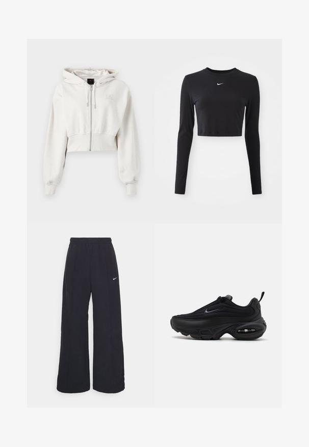 Felpa con cappuccio tagliata in beige chiaro. Tessuto morbido, zip frontale, polsini a costine, logo ricamato sulla parte superiore sinistra del petto.; Top corto a maniche lunghe nero realizzato in tessuto morbido, con scollo rotondo e logo Nike bianco sul petto.; Pantaloni neri a gamba larga con cintura elastica e un piccolo logo Nike bianco. Il tessuto ha una texture liscia, progettata per il comfort e l'abbigliamento casual.; Scarpa sportiva nera con una tomaia liscia e testurizzata. Presenta punta tonda, colletto imbottito e ammortizzazione ad aria visibile nella suola.