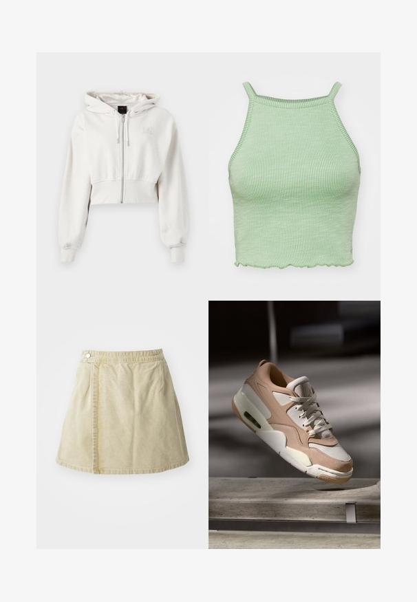 Sweatshirt à capuche coupé en beige clair. Tissu doux, zipper à l'avant, poignets côtelés, logo brodé sur le côté gauche de la poitrine.; Top court côtelé vert avec de fines bretelles, doté un ourlet festonné et d'un tissu texturé. Aucun matériel ou motif proéminent.; Jupe mini kaki en tissu doux, avec une fermeture à bouton sur le côté, une texture lisse et une silhouette légèrement évasée avec une ourlet au-dessus du genou.; Baskets beiges et blanches avec une finition en cuir lisse et en daim, présentant une languette rembourrée, un laçage à l'avant et une unité de coussin d'air visible.