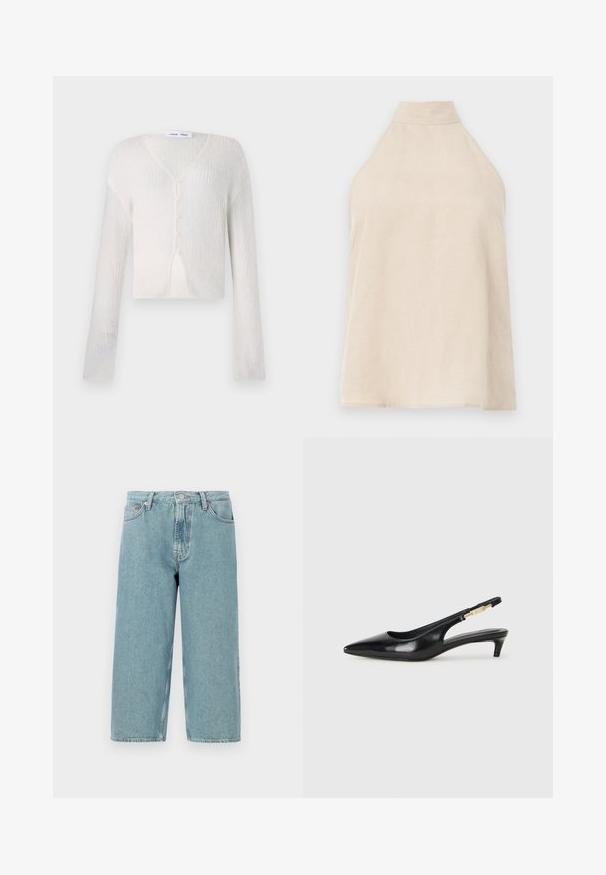 Cardigan leve, na cor creme, com um padrão de malha canelada. Apresenta um decote em V, mangas longas e cinco botões na frente.; Top halter bege, design sem mangas, tecido macio com uma textura suave, gola alta e silhueta em A. Estilo minimalista.; Shorts de denim azul claro com cintura alta, corte reto e bainha desfiada. Apresenta um fecho clássico de botão e zipper, além de quatro bolsos.; Saltos slingback em couro preto com bico fino, apresentando um salto esguio e um detalhe em tom dourado na alça ajustável. Textura suave.