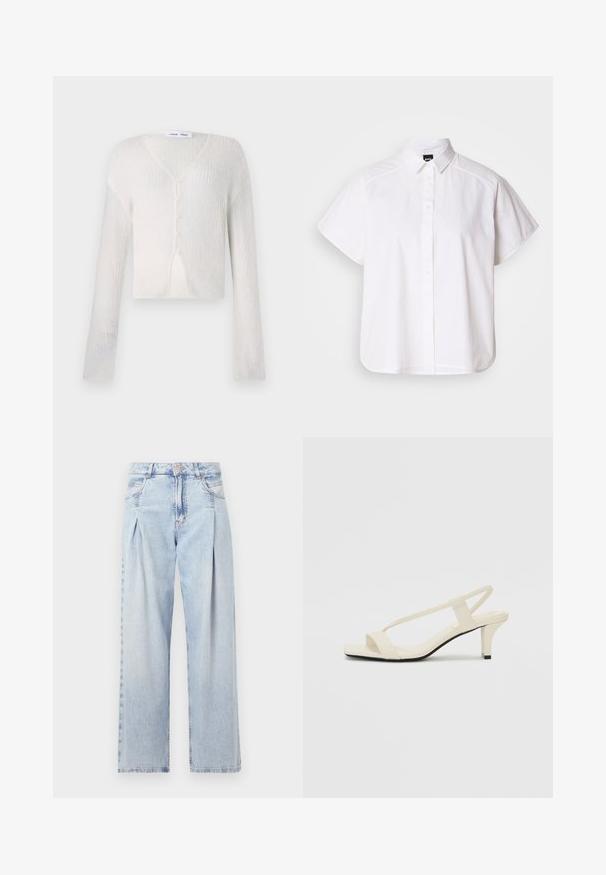 Lightweight, cream-colored cardigan in a ribbed knit pattern. Features a V-neck, long sleeves, and five buttons down the front.; White short-sleeve button-up shirt with a pointed collar and curved hem. Made from cotton with a smooth texture and no visible patterns.; Light blue denim jeans with a high waist, wide-leg cut, two side pockets, and pleated design feature. Soft texture with a faded finish.; Beige block-heeled sandals with thin straps and a square toe. Smooth material with minimal detailing, designed for easy wear.