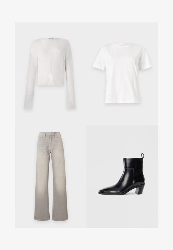 Lagana, krem boje kardigan sa rebrastim pletenim uzorkom. Ima V-izrez, duge rukave i pet dugmadi sprijeda.; Bijela pamučna majica s kratkim rukavima, okruglim izrezom i opuštenim krojem. Glatka tekstura, bez uzoraka ili akcenata, minimalistički dizajn.; Sive široke traperice s izblijedjelim završetkom, zatvaranje na dugme, dizajn s pet džepova i prošivene detalje duž šavova.; Crne kožne gležnjače s šiljastim vrhom, geometrijski složenim potplatom i omčom za povlačenje straga. Glatka tekstura i elegantan dizajn.