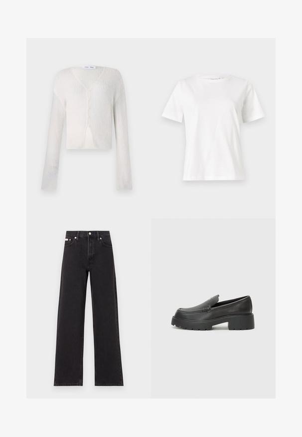 Könnyű, krémszínű kardigán bordázott kötésmintával. V-nyakú, hosszú ujjak jellemzik, és az elején öt gomb található.; Fehér pamut póló rövid ujjakkal, kerek nyakkivágással és laza szabással. Sima textúra, nincsenek minták vagy díszítések, minimalista dizájn.; Fekete, bőszárú farmernadrág, magas derekú, öt zsebes kialakítással és fém gombos záródással, kontrasztos varrással.; Fekete bőr loafer cipők kerek orral, vastag, texturált talppal és minimális varrási részletekkel. Áramvonalas dizájn, látható fűzők vagy fém részek nélkül.