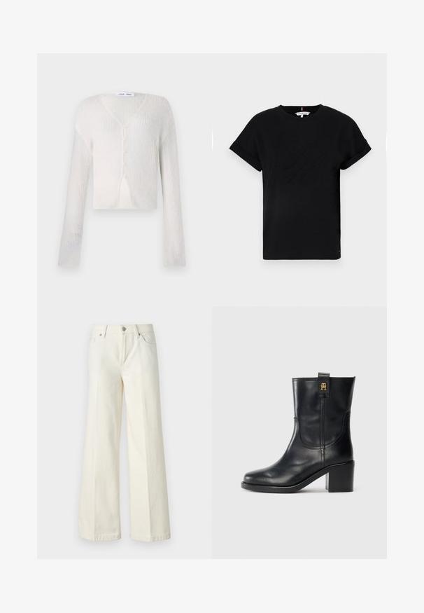 Kerge, koorevärvi kardigan ribakudumise mustris. Omab V-kaelust, pikki varrukaid ja viit nuppu ees.; Mustmust särk, millel on rullitud lühikesed varrukad, keskosas on embosseeritud logo ja küljel väike lipu aktsent.; Laiad valged teksad, mis on valmistatud puuvilla segust. Omavad lukuga eesmist sulgemist, viie taskuga disaini ning õmblusi pükste saemetes.; Must musta keskmise säärtega saapad plokk-kandiga ja kuldse "TH" logoga tõmbeaukus valgel taustal.