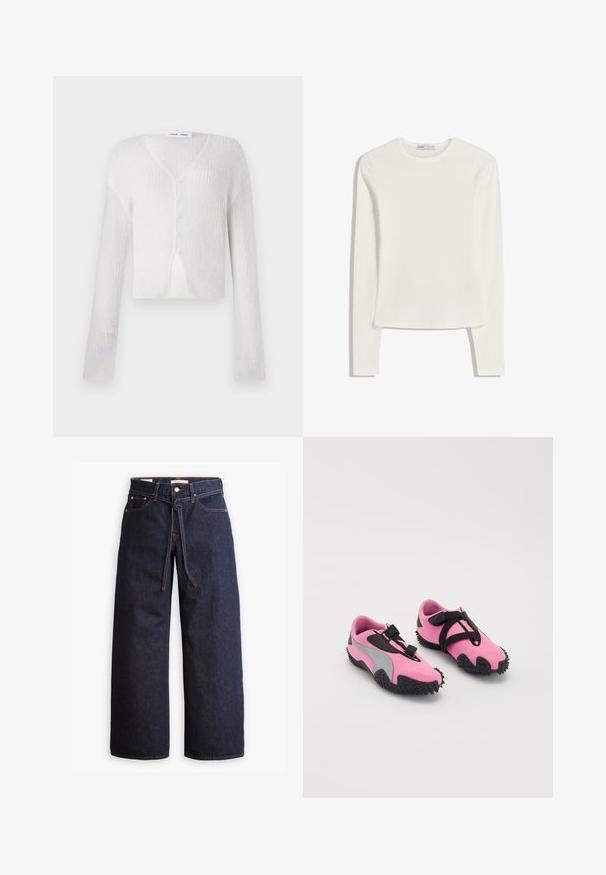 Lahka, kremna jopica v rebrastem pletenem vzorcu. Ima V-izrez, dolge rokave in pet gumbov spredaj.; Bela majica s dolgimi rokavi, izdelana iz mehke in gladke tkanine. Ima okroglo izreza in ozko prileganje z minimalnimi šivi.; Široke temno modre kavbojke z visokim pasom, ki imajo vrvico za zavezovanje, pet žepov in kontrastne šive.; Roza atletska obuća z zgibanim tekstilnim zgornjim delom, s sivo obrobo in gumijastim podplatom, ki ima bodice za oprijem. Črni trakovi zagotavljajo pritrditev.