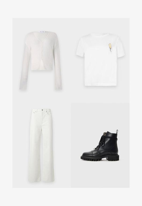 Lehký krémový cardigan v žebrovaném úpletu. Vybavený výstřihem do V, dlouhými rukávy a pěti knoflíky vpředu.; Bílý bavlněný tričko s krátkým rukávem, se minimalistickou vyšívanou grafikou žlutého nanuku na levé straně hrudníku.; Samsøe Samsøe SHELLY - Džíny Relaxed Fit - clear cream; Černá kožená kotníková bota s kulatou špičkou, robustní gumovou podešví, šněrováním a poutkem; obsahuje zlaté očko a prošívané detaily.
