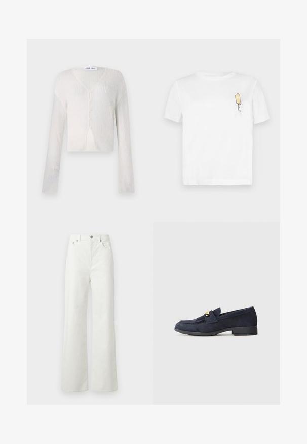 Letvægts cardigan i cremefarve med ribstrik. Har V-hals, lange ærmer og fem knapper ned foran.; Hvid bomulds t-shirt med korte ærmer, der har et minimalistisk, broderet gul isbjørn-graphic på venstre brystområde.; Samsøe Samsøe SHELLY - Jeans Relaxed Fit - clear cream; Marineblå ruskind loafers med en lav sort hæl, der har en dekorativ detalje i guld foran og en rund tådesign.