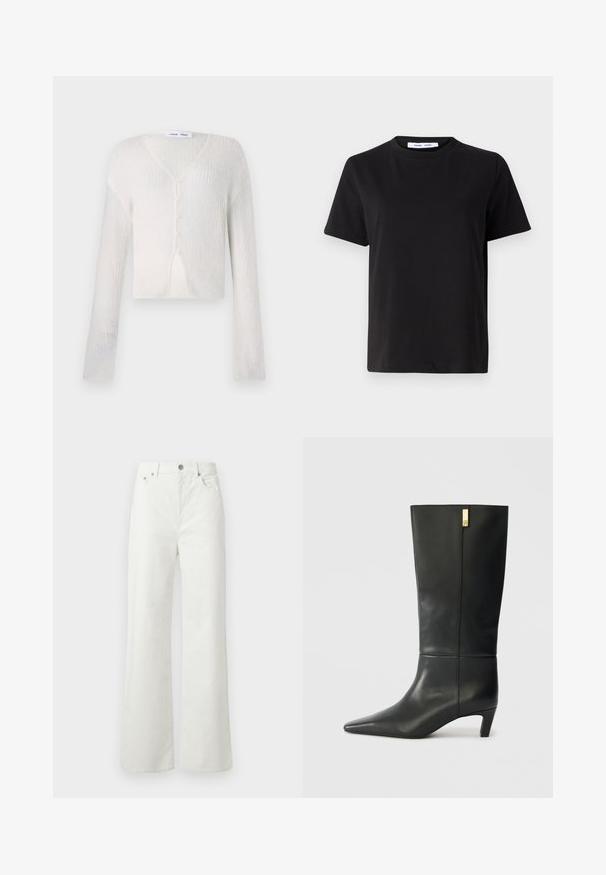 Lichtgewicht, crèmekleurige cardigan in een ribbelbreipatroon. Heeft een V-hals, lange mouwen en vijf knopen aan de voorkant.; Zwart T-shirt met korte mouwen, gemaakt van zachte katoen, met een ronde hals, een ontspannen pasvorm en een gladde textuur. Geen zichtbare patronen of opdrukken.; Samsøe Samsøe SHELLY - Relaxed fit jeans - clear cream; Zwarte leren kniehoge laars met een spitse neus en een kleine hak. Beschikt over een slank ontwerp met een gouden accentdetail. Gladde textuur.