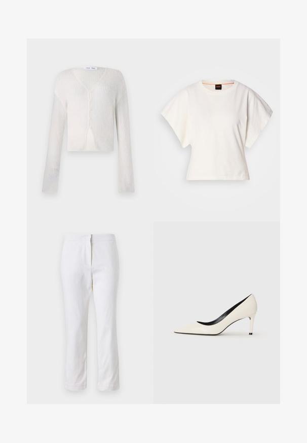 Kevyt, kerma-valkoinen neuletakki ribbikuvioinnilla. Siinä on V-pääntie, pitkät hihat ja viisi nappia edessä.; Valkoinen lyhythihainen t-paita, leveät lyhyet hihat, pehmeää puuvillamateriaalia, pyöreä pääntie jossa hienovarainen oranssi reunus, minimaalinen muotoilu, ei kuvioita tai graafisia elementtejä.; Valkoiset puuvillahousut suoralla lahkeella, joissa on keskikorkea vyötärö ja ei näkyviä varusteita tai kuvioita. Ehjä pinta kauttaaltaan.; Valkeasta kiillotetusta nahasta valmistetut korkokengät, joissa on teräväkärkinen muotoilu, hoikka korko ja mustat sisäosat. Suora pinta ja tyylikäs muotoilu.