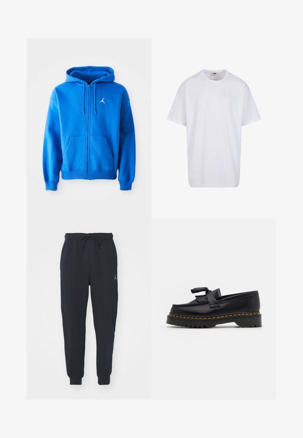 Plava zip-up dukserica od mekog materijala, s kengur džepom, kapuljačom na vezanje i bijelim Jordan logotipom na lijevoj strani prsa.; Bijela pamučna majica s kratkim rukavima, zaobljenim izrezom, opuštenog kroja, bez vidljivih logotipa ili uzoraka. Glatka tekstura i minimalni dizajn.; Crne trenerke od mekog materijala, sa elastičnim pojasom i uzicom, rebrastim manžetama i malim logotipom na lijevom bedru.; Crna kožna loaferica s resicama, koja ima čvrst crni potplat i žute šavove duž ruba. Teksturirana završna obrada.