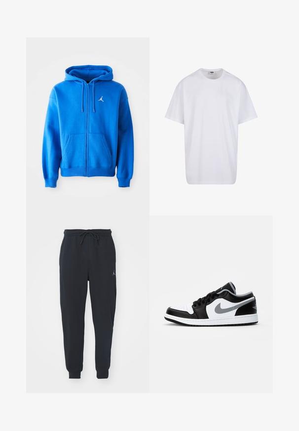 Felpa blu con zip, realizzata in tessuto morbido, con tasca a marsupio, cappuccio regolabile e logo Jordan bianco sul lato sinistro del petto.; Maglietta bianca in cotone con maniche corte, scollatura rotonda, vestibilità comoda e senza loghi o motivi visibili. Texture liscia e design minimale.; Pantaloni jogger neri realizzati in tessuto morbido, dotati di una vita elastica con coulisse, polsini a costine e un piccolo logo sulla coscia sinistra.; Jordan AIR JORDAN 1 LOW - Sneakers basse - black/particle grey-white