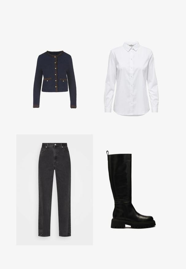 Temno modra pletena jopica z dolgimi rokavi, okrašena s frfotavim rjavim robom, z zlatimi gumbi in dvema sprednjima žepekoma.; Bela srajca z dolgimi rokavi, strukturiranim ovratnikom in zaobljenim robom. Narejena iz gladkega, enotnega blaga brez vidnih vzorcev ali poudarkov.; Črne denim hlače s ravnimi nogami in visokim pasom, sprednjim gumbom in zadrgo ter petimi žepi na belem ozadju.; Črne usnjene škornje do kolen s sleek obliko, okroglo špico in debelim gumijastim podplatom z globokimi utori ter zanko na vrhu.