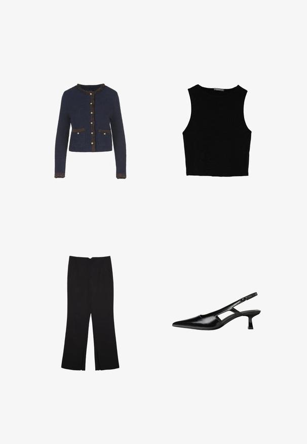 Námornícky modrý pletený kardigán s dlhými rukávmi, s franjami v hnedej farbe, zlatými gombíkmi a dvoma prednými vreckami.; Čierny bezrukávový crop top vyrobený z hladkej tkaniny, so zaobleným výstrihom a čistým, jednoduchým dizajnom bez vzorov alebo kovania.; Čierne nohavice so strihom rovného strihu, s prednými vreckami a bočnými rozparkami na leme. Vyrobené z mäkkej, hladkej tkaniny. Vhodné na rôzne príležitosti.; Čierne lakované kožené lodičky na podpätku s špicatou špičkou, výrezovým dizajnom na boku a malým štvorcovým podpätkom. Hladký povrch s minimálnymi akcentmi.