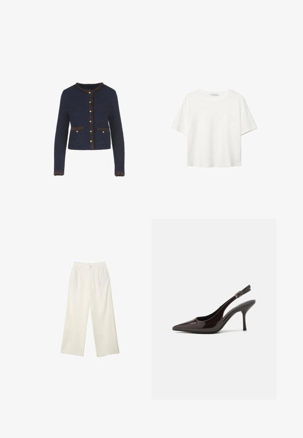 Tummansininen neulecardigan, jossa on pitkät hiukset, koristeelliset ruskeat reunat, kultasävyiset napit ja kaksi etutaskua.; Valkoinen lyhythihainen T-paita, joka on tehty puuvillasta. Siinä on pyöreä kaula-aukko ja rento malli. Silkkinen pinta ilman näkyviä kuvioita tai koristeita.; Kermanhousut vaaleassa kankaassa, jossa on sileä rakenne, yksittäinen etunappi, hienovaraiset laskokset ja korkea vyötärömuotoilu.; Korkokenkät tummanruskeasta kiiltävästä patenttinnahasta, teräväkärkiset, avoimet sivut ja säädettävä nilkkaremmi.