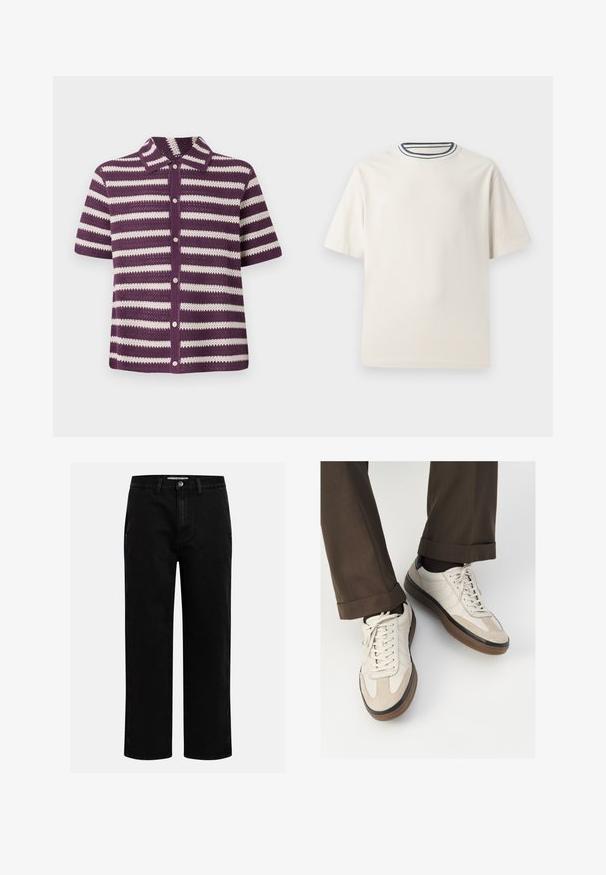Kortermet cardigan i lilla og hvite striper i strikk med kragehals og knappfeste foran. Lett åpenvevet tekstur.; Kremfarget bomulls T-skjorte med korte ermer, med rund halskant pyntet med marineblå og hvite striper. Glatt tekstur, avslappet passform.; Svarte denimbukser med rett benkutt, klassisk fem-lomme design og knappelukking i livet. Glatt tekstur og slitesterkt stoff.; Beige sneakers med teksturert semsket front, glatte skinnsider og en brun gummisåle. Snører og lys syddetalj inkludert.