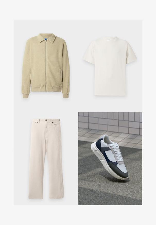 Bež flis jakna sa patentnim zatvaračem sprijeda, uspravnim ovratnikom, dva bočna džepa, rebrastim manšetama i rubom. Tekstura izgleda mekano i udobno.; Bijela kratka majica s kratkim rukavima u rebrastoj teksturi. Okrugli izrez, ležeran kroj, bez vidljivih uzoraka ili akcenta. Jednostavan i svestran dizajn.; Bež kordura hlače s ravnim krojem, s rebrastom teksturom, dizajnom s pet džepova i zatvaranjem na gumbi.; Bijela, mornarsko plava i siva tenisica s dizajnom od miješanih materijala, koja ima teksturirani gornji dio, ravne vezice i udoban đon.