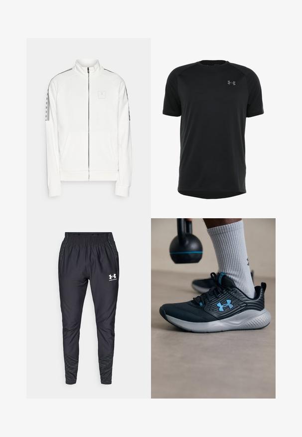 Giacca da track bianca con zip in tessuto morbido, colletto alto, tasche laterali e dettagli grigi a contrasto, con logo sul petto.; Maglietta atletica nera a maniche corte realizzata in tessuto morbido e leggero. Presenta un collo rotondo e un logo discreto sul petto.; Under Armour PRO PANT - Pantaloni sportivi - black/white; Scarpone sportivo nero con accenti blu, tomaia testurizzata e suola grigia. Indossato con calzini grigi a costine, accanto a un kettlebell nero.